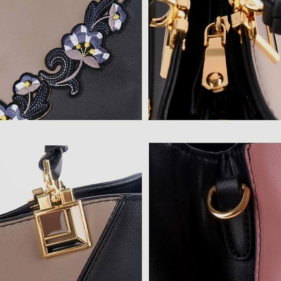 ELDA NWOT Black & Gray Floral Embroidery Daily Use Durable Shoulder & Tote Purse - Picture 5 of 11